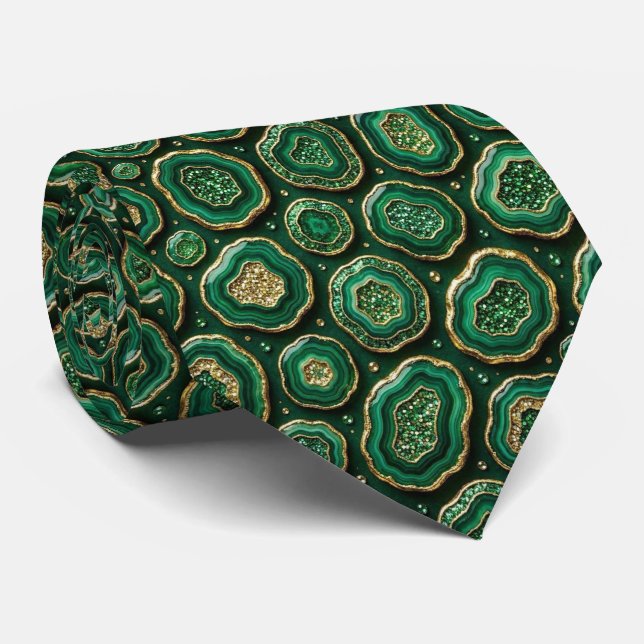 Luxury Faux Silk | Green + Gold Geode  Tie (Rolled)