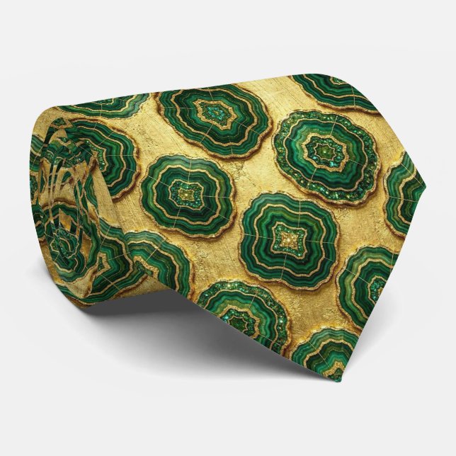 Luxury Faux Silk | Green + Gold Geode  Tie (Rolled)