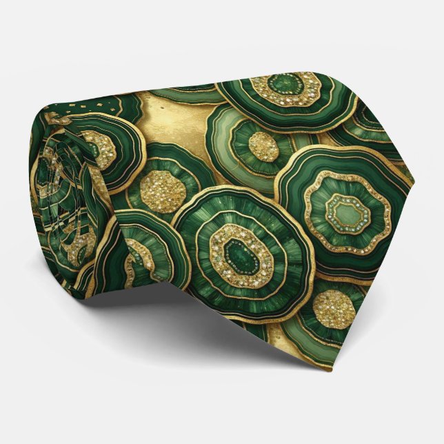 Luxury Faux Silk | Green + Gold Geode  Tie (Rolled)