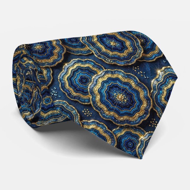 Luxury Faux Silk | Navy Blue + Gold Geode Neck Tie (Rolled)