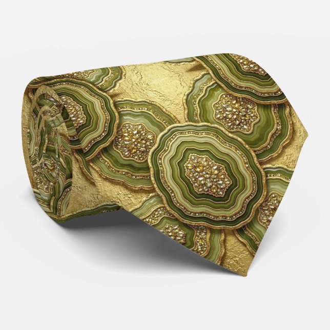 Luxury Faux Silk | Olive + Gold Geode Neck Tie (Rolled)