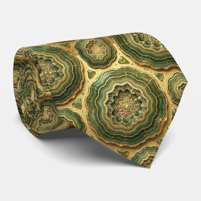 Luxury Faux Silk | Olive + Gold Geode Neck Tie (Rolled)