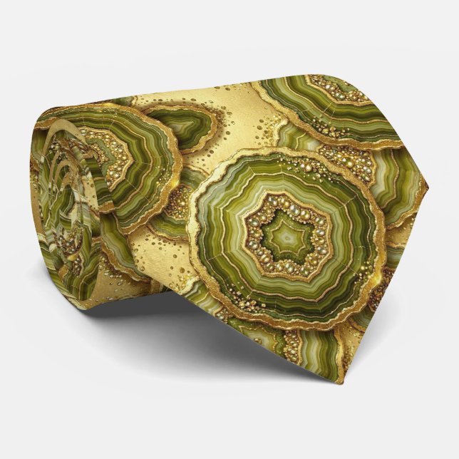 Luxury Faux Silk | Olive + Gold Geode Neck Tie (Rolled)