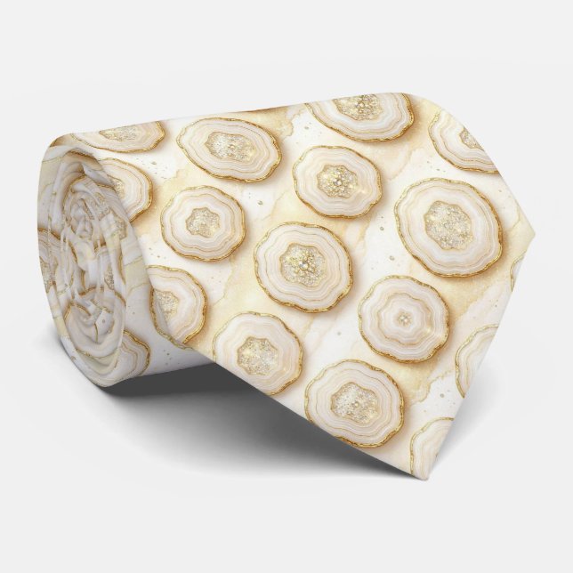 Luxury Faux Silk | White + Gold Geode Neck Tie (Rolled)