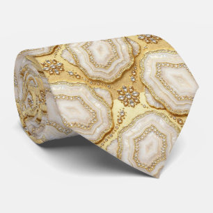 Luxury Faux Silk White + Gold Geode Neck Tie