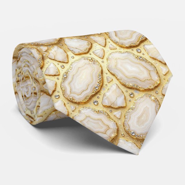 Luxury Faux Silk | White + Gold Geode Neck Tie (Rolled)