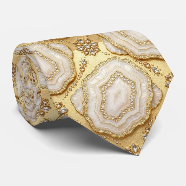 Luxury Faux Silk | White + Gold Geode Neck Tie (Rolled)