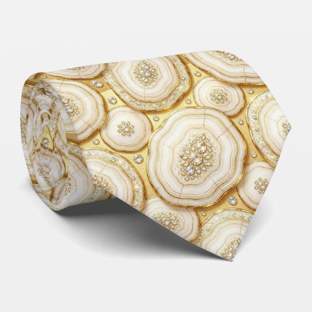 Luxury Faux Silk | White + Gold Geode Neck Tie (Rolled)