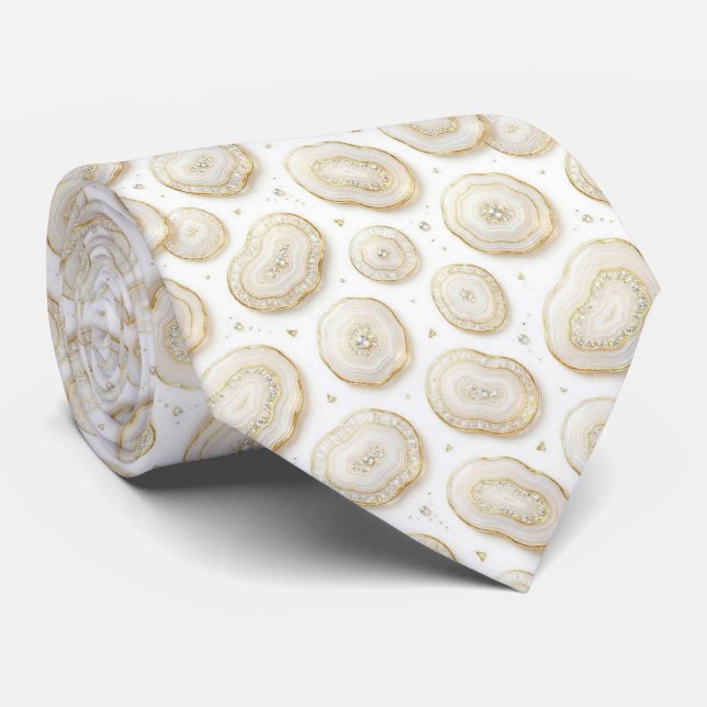 Luxury Faux Silk | White + Gold Geode Neck Tie (Rolled)