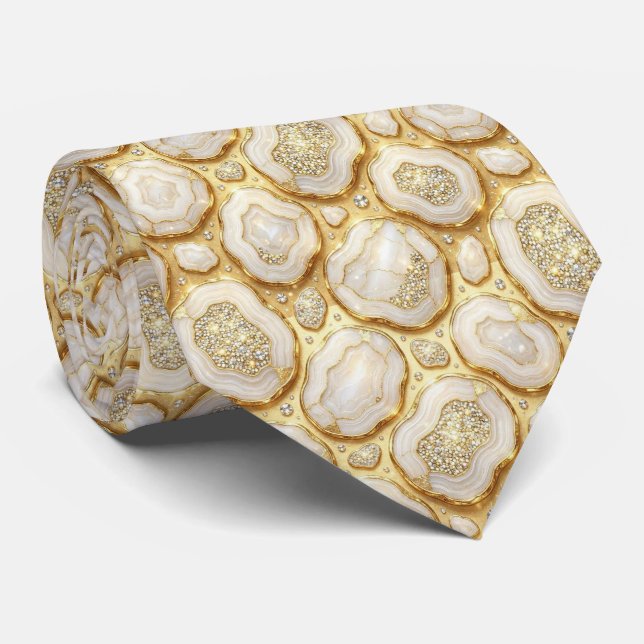 Luxury Faux Silk | White + Gold Geode Neck Tie (Rolled)