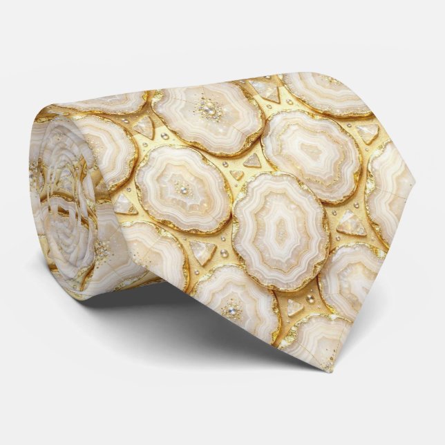 Luxury Faux Silk | White + Gold Geode Neck Tie (Rolled)