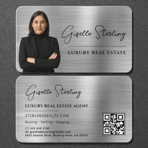 Luxury Faux Silver Metallic Realtor Photo QR Code Business Card