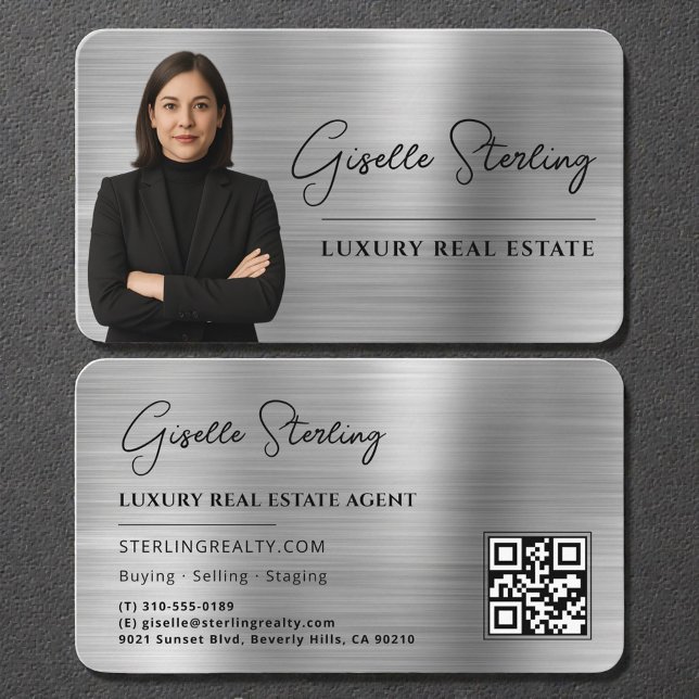 Luxury Faux Silver Metallic Realtor Photo QR Code Business Card (Creator Uploaded)