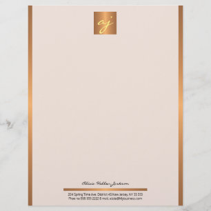 Luxury feminine blush pink copper gold monogram custom letterhead