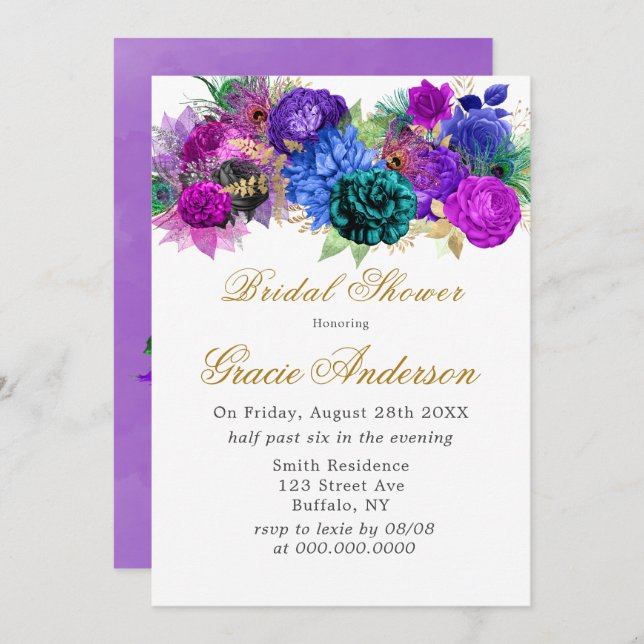 Luxury Fiesta Peacock Gold Bridal Shower  Invitation (Front/Back)