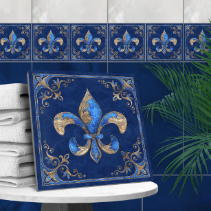 Luxury Fleur-de-lis - blue marble and gold Tile