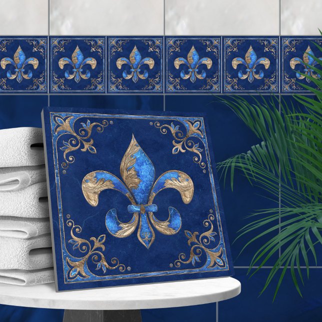Luxury Fleur-de-lis - blue marble and gold Tile (Creator Uploaded)