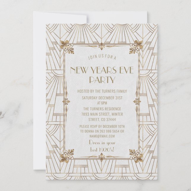 Luxury Fleur-de-Lis Gold Art Deco New Year Party Invitation (Front)