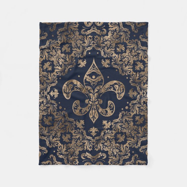 Luxury Fleur-de-lis Ornament - gold and dark blue Fleece Blanket (Front)