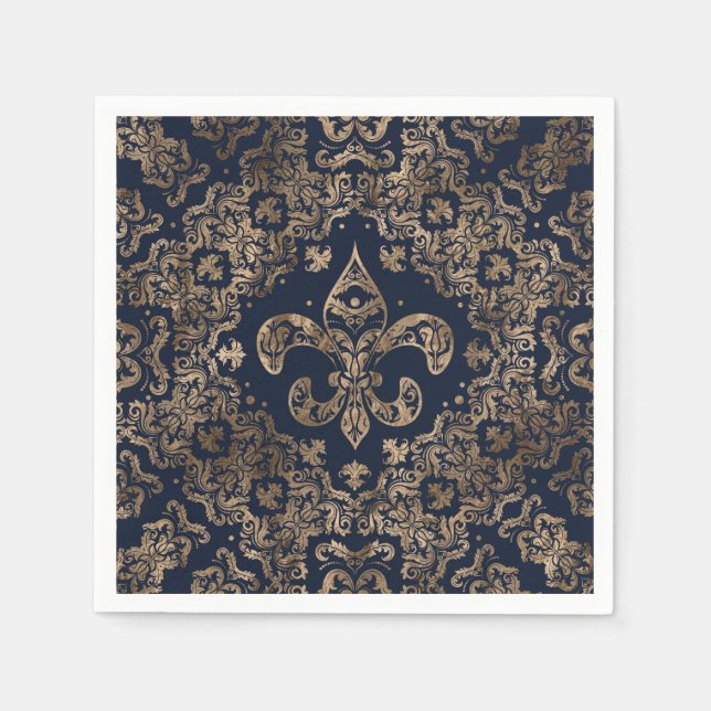 Luxury Fleur-de-lis Ornament - gold and dark blue Napkin (Front)