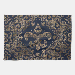 Luxury Fleur-de-lis Ornament - gold and dark blue Tea Towel