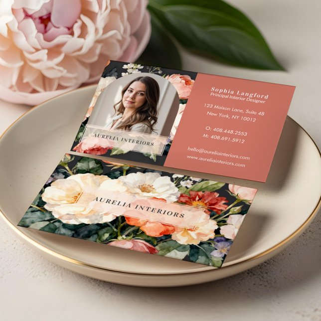 Luxury Floral Arch Photo Stylish Interior Designer Business Card (Luxury Floral Arch Photo Stylish Interior Designer Business Card)