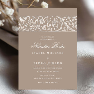 Luxury Floral Beige & White Nuestra Boda Wedding Invitation