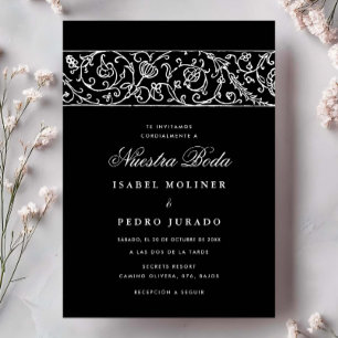 Luxury Floral Black & White Nuestra Boda Wedding Invitation