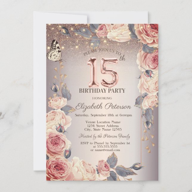 Luxury Floral,Butterfly,Lights 15th Birthday  Invitation (Front)