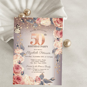 Luxury Floral,Butterfly,Lights 50th Birthday Invitation