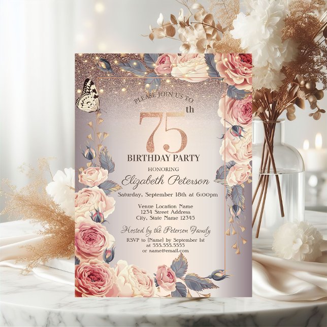 Luxury Floral,Butterfly,Lights 75th Birthday   Invitation (Creator Uploaded)