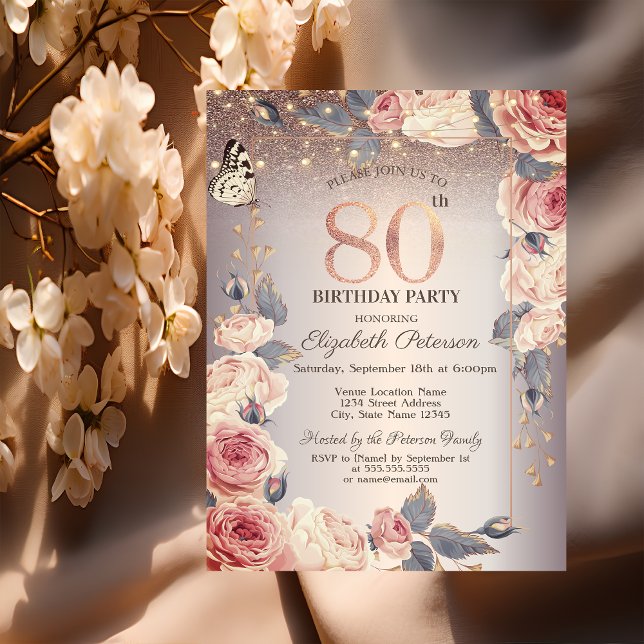 Luxury Floral,Butterfly,Lights 80th Birthday   Invitation (Creator Uploaded)