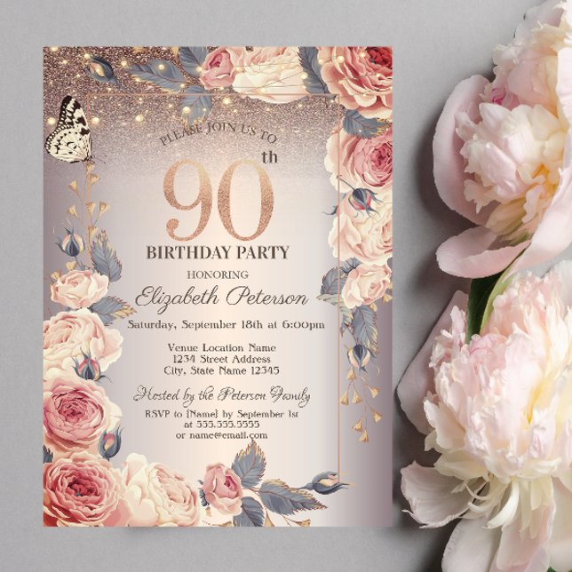 Luxury Floral,Butterfly,Lights 90th Birthday   Invitation (Creator Uploaded)