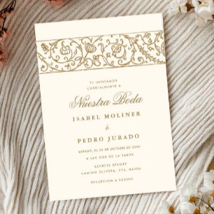 Luxury Floral Cream & Gold Nuestra Boda Wedding Invitation