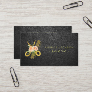 Luxury floral gold black leather hairstylist business card