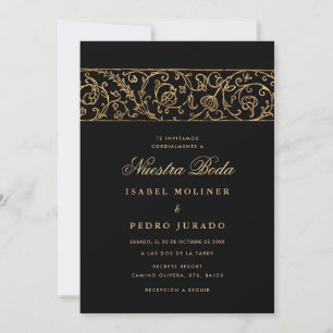 Luxury Floral Gold & Black Nuestra Boda Wedding Invitation
