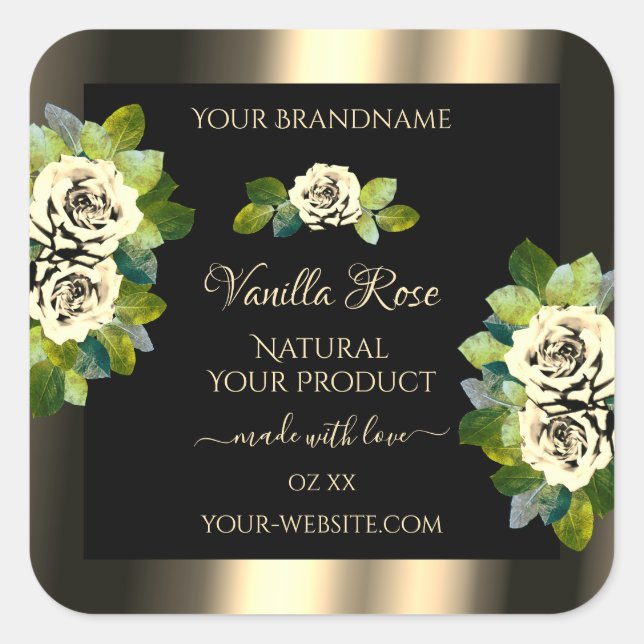 Luxury Floral Gold Black Product Labels Chic Roses (Front)