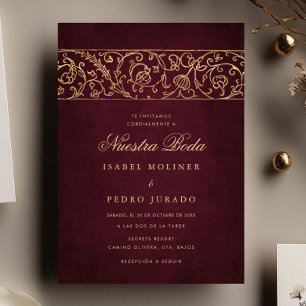 Luxury Floral Gold & Burgundy Nuestra Boda Wedding Invitation