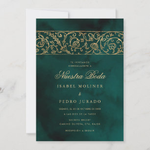Luxury Floral Gold & Green Nuestra Boda Wedding Invitation