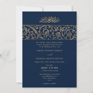 Luxury Floral Gold Navy Blue Islamic Wedding Invitation