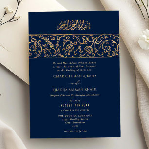 Luxury Floral Gold Navy Blue Islamic Wedding Invitation