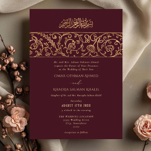 Luxury Floral Gold Red Maroon Islamic Wedding Invitation