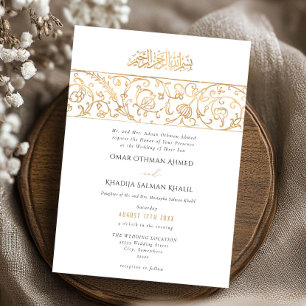 Luxury Floral Gold & White Islamic Muslim Wedding Invitation