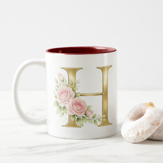 Luxury Floral Monogram Letter H – Elegant Gold Ini Two-Tone Coffee Mug