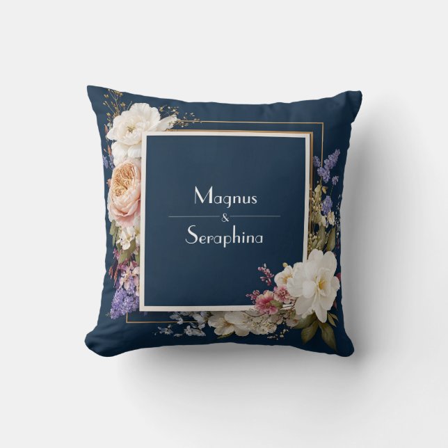 Luxury Floral Navy Blue Gold Geometric Frame Cushion (Front)