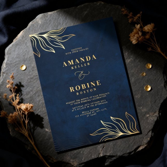 Luxury Floral Navy Blue & Gold Wedding Invitation (Creator Uploaded)
