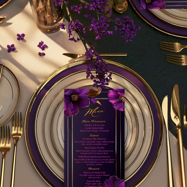 Luxury Floral Purple Luminous Violets Wedding  Menu (Chic Floral Luminous Violets Purple Wedding Menu )