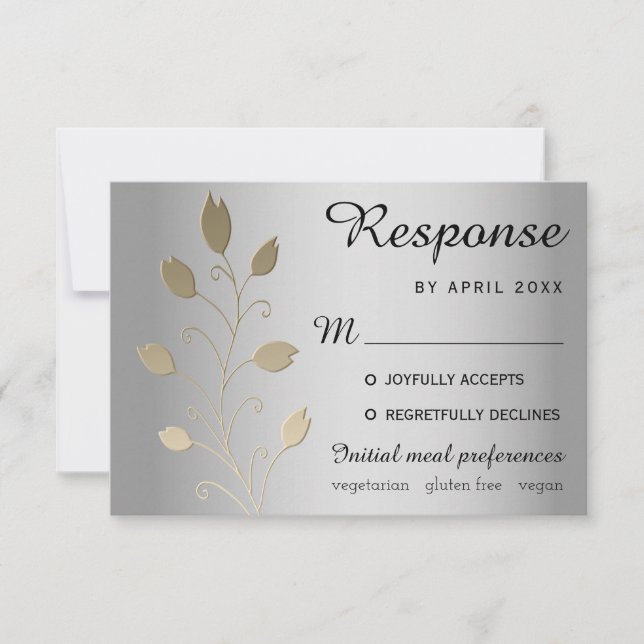 Luxury Floral Silver and Gold Wedding RSVP Card (Front)