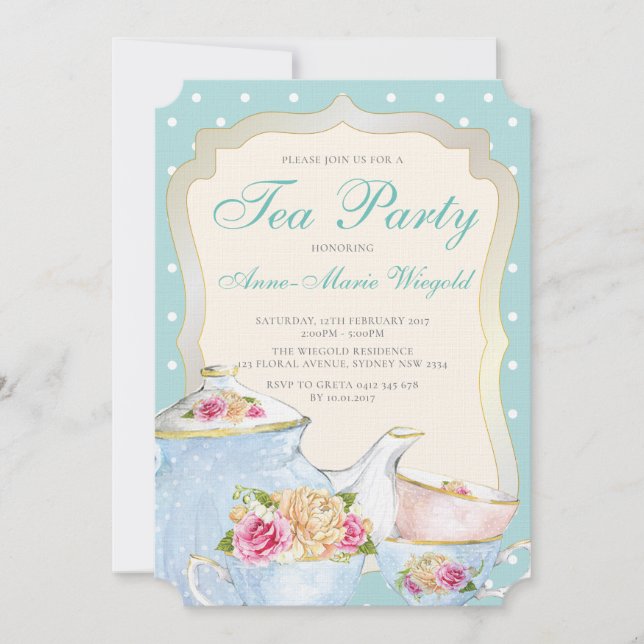 Luxury Floral Tea Party Polka dot Invitation (Front)