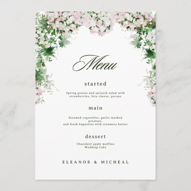Luxury Floral Wedding Soft Pink Botanical Theme Menu (Front)